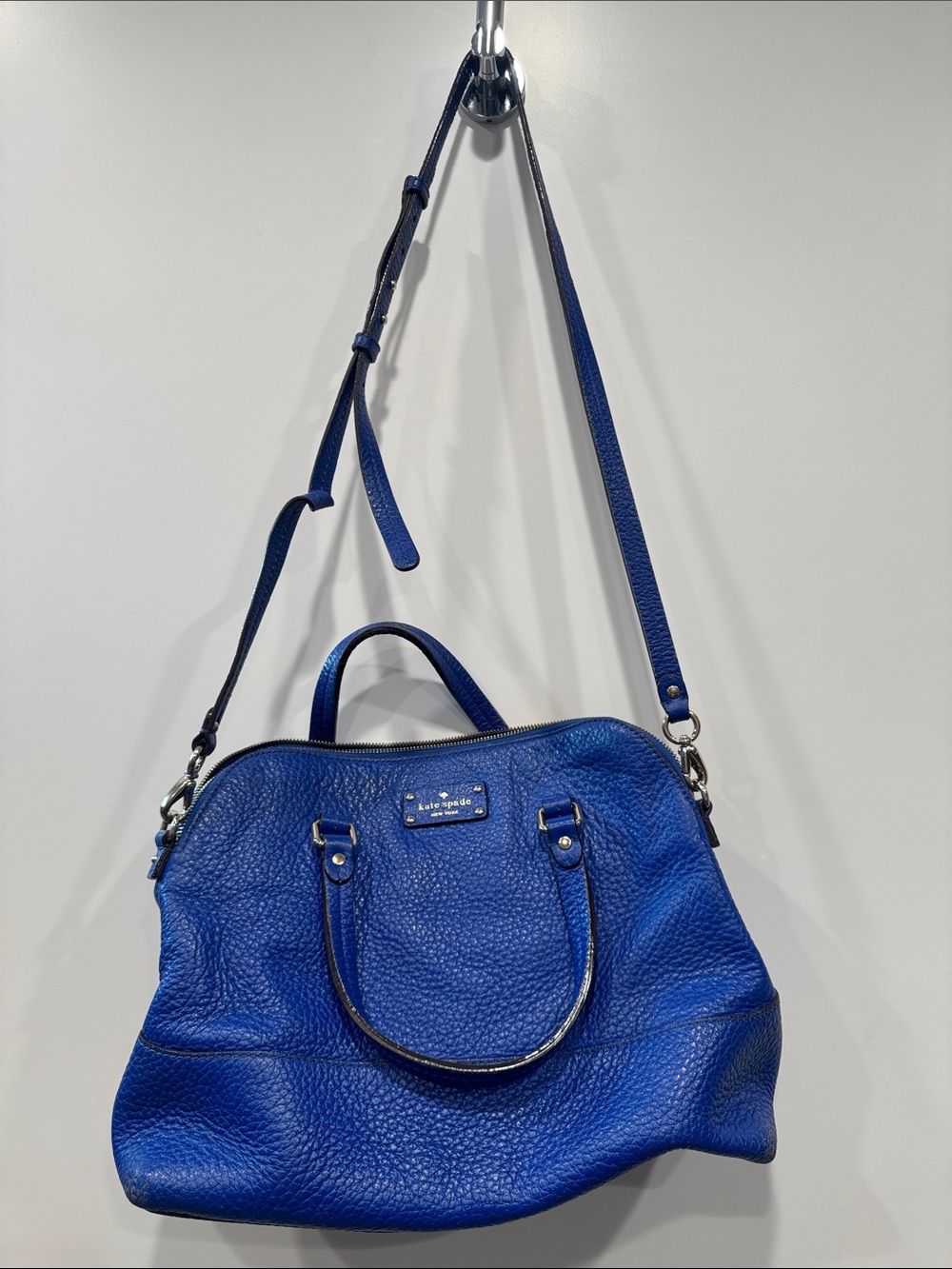 kate spade cobalt pebbled leather satchel with detachable crossbody strap
